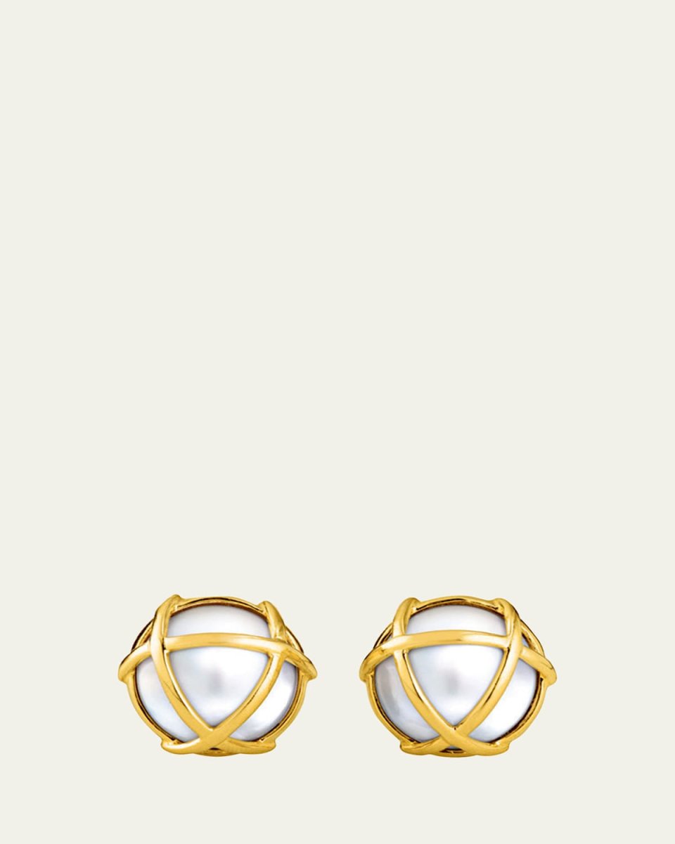 18K Yellow Gold Caged Cultured Pearl Earrings